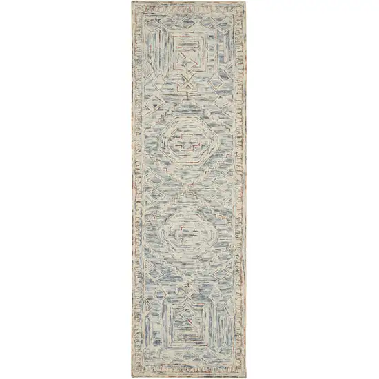 8' Beige And Blue Wool Geometric Runner Rug Photo 4