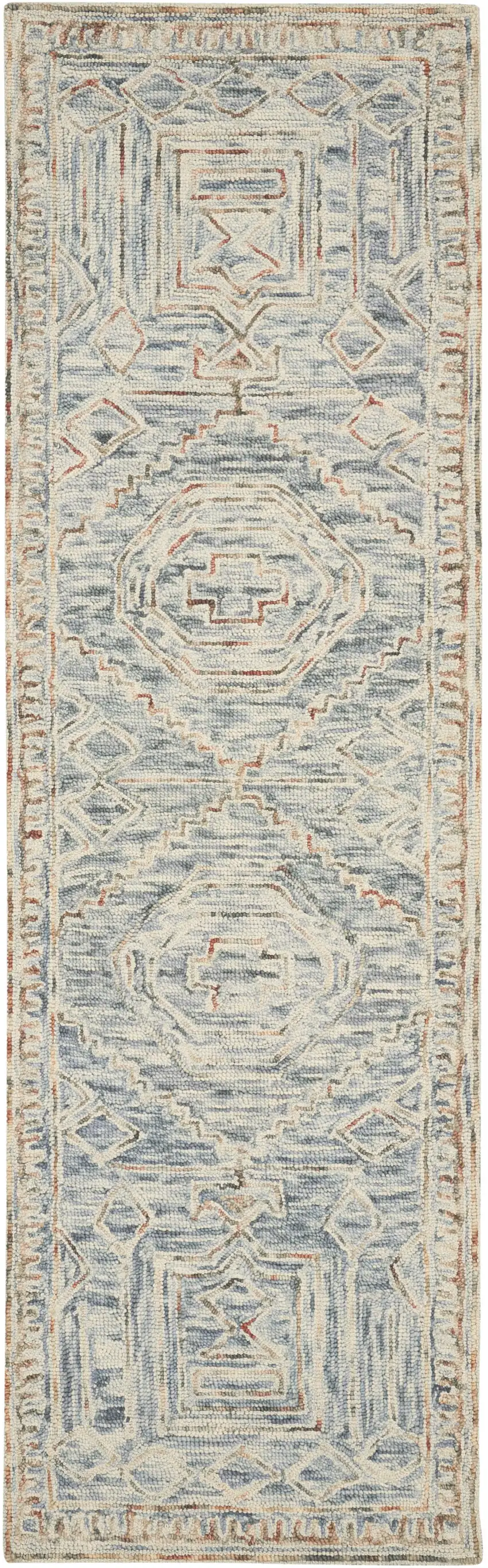 8' Beige And Blue Wool Geometric Runner Rug Photo 4