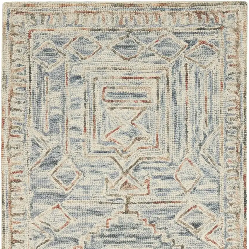 8' Beige And Blue Wool Geometric Runner Rug Photo 3