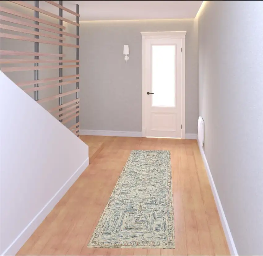 8' Beige And Blue Wool Geometric Runner Rug Photo 1