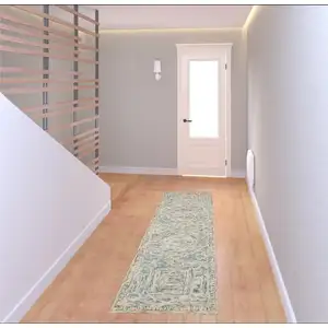 Photo of 8' Beige And Blue Wool Geometric Runner Rug