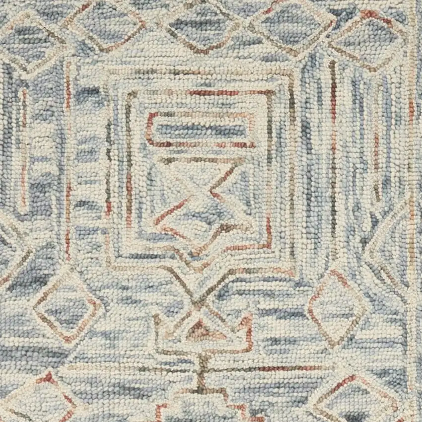 8' Beige And Blue Wool Geometric Runner Rug Photo 6