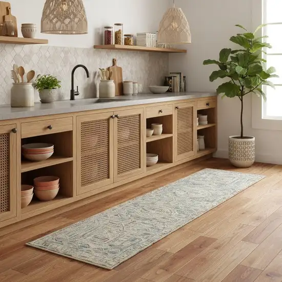 8' Beige And Blue Wool Geometric Runner Rug Photo 1