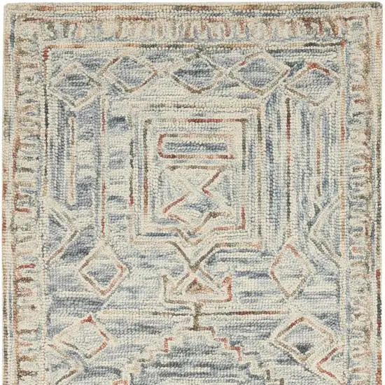 8' Beige And Blue Wool Geometric Runner Rug Photo 7