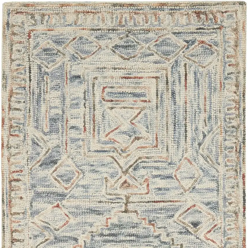 8' Beige And Blue Wool Geometric Runner Rug Photo 7