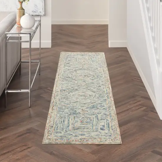 8' Beige And Blue Wool Geometric Runner Rug Photo 5