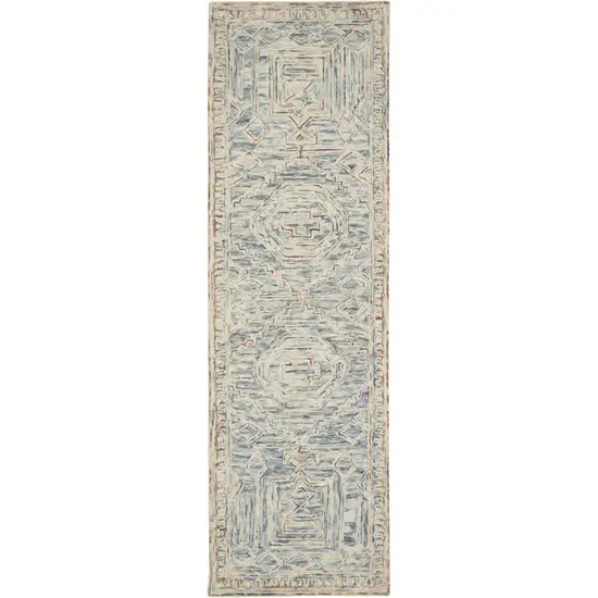 8' Beige And Blue Wool Geometric Runner Rug Photo 2