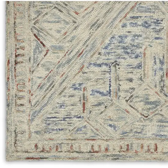 8' Beige And Blue Wool Geometric Runner Rug Photo 9