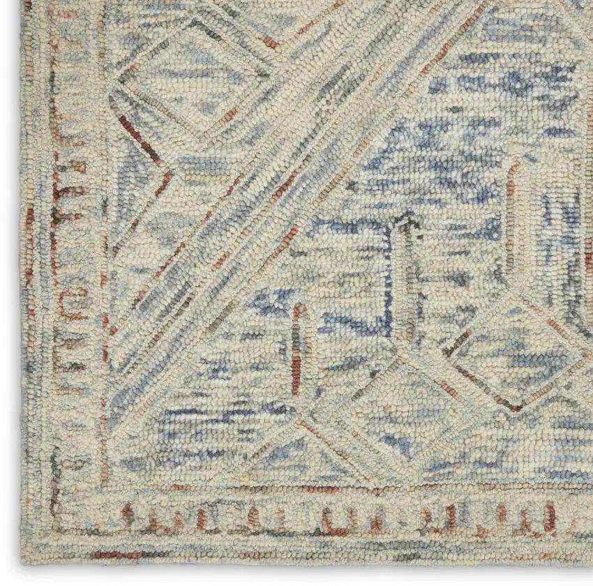 8' Beige And Blue Wool Geometric Runner Rug Photo 9