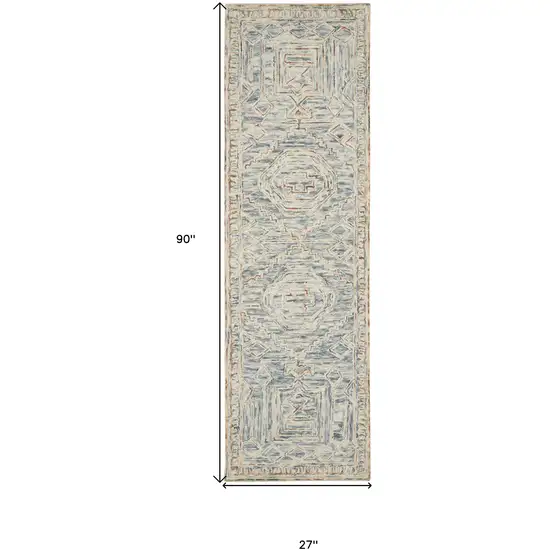 8' Beige And Blue Wool Geometric Runner Rug Photo 3