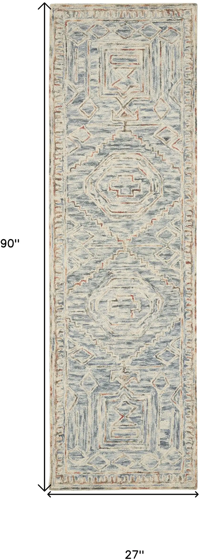 8' Beige And Blue Wool Geometric Runner Rug Photo 3