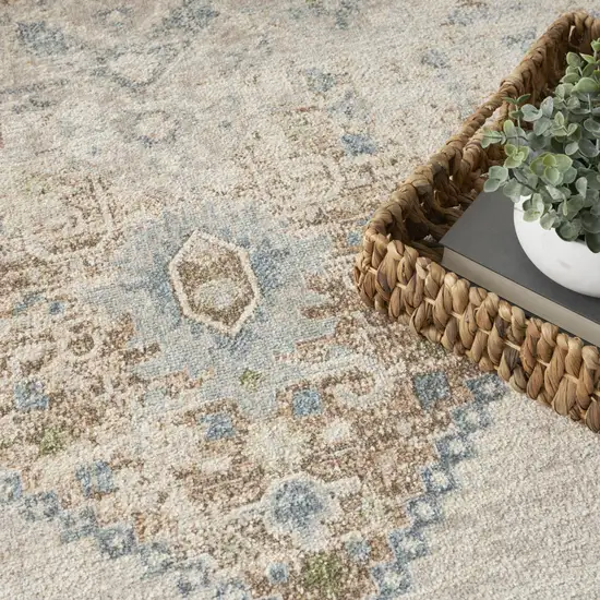 5' Beige And Bronze Floral Medallion Round Rug Photo 9