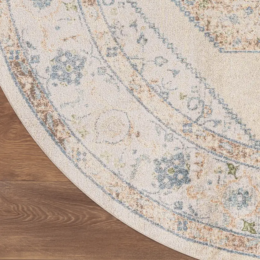 5' Beige And Bronze Floral Medallion Round Rug Photo 9