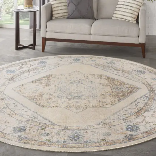5' Beige And Bronze Floral Medallion Round Rug Photo 5