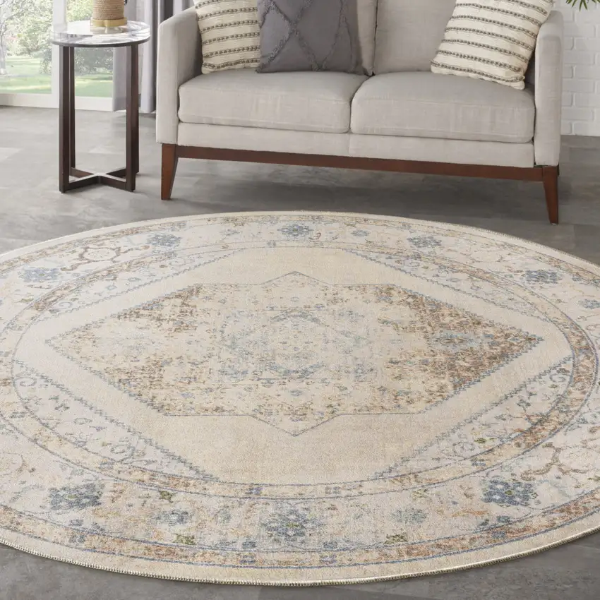 5' Beige And Bronze Floral Medallion Round Rug Photo 5