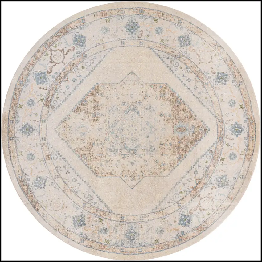5' Beige And Bronze Floral Medallion Round Rug Photo 4