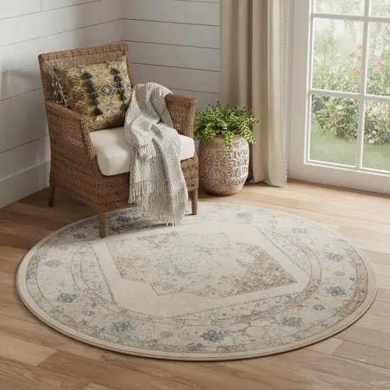 5' Beige And Bronze Floral Medallion Round Rug Photo 1