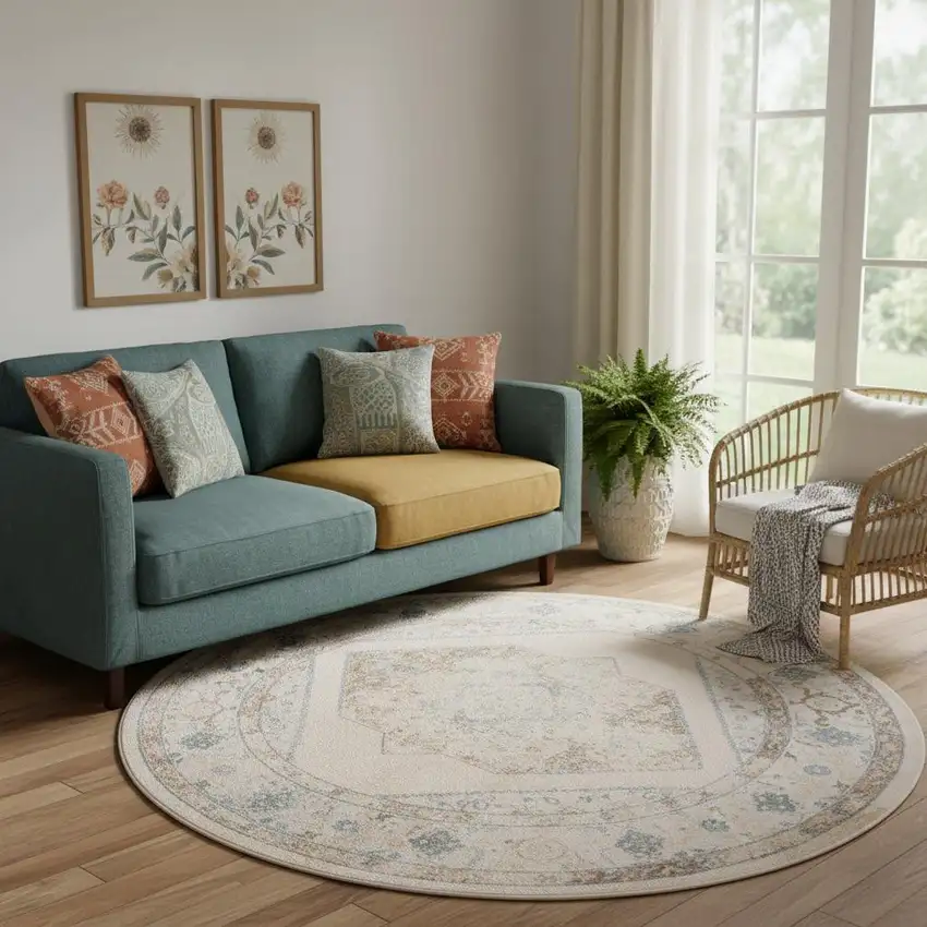 8' Beige And Bronze Floral Medallion Round Rug Photo 1