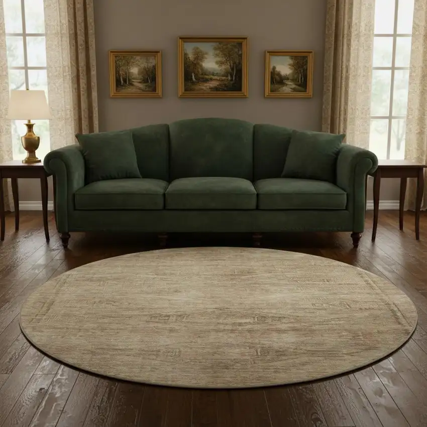 8' Beige And Brown Abstract Geometric Washable Round Rug With UV Protection Photo 2