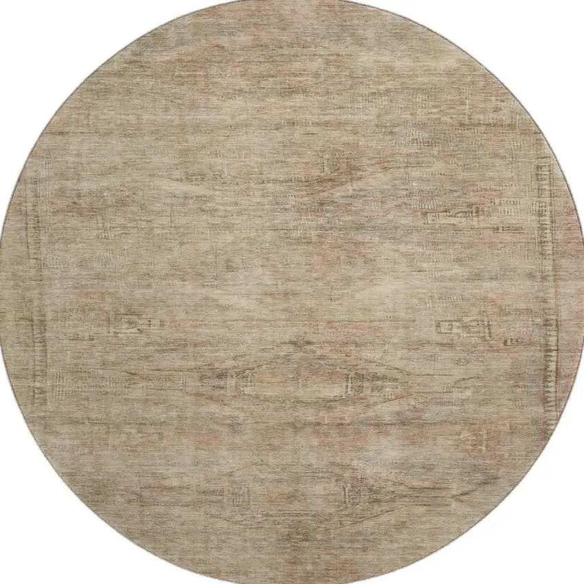 8' Beige And Brown Abstract Geometric Washable Round Rug With UV Protection Photo 3
