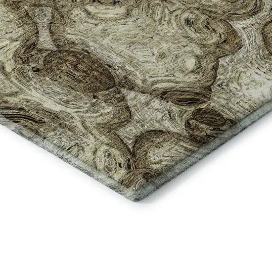 8' Beige And Brown Abstract Washable Round Rug With UV Protection Photo 5