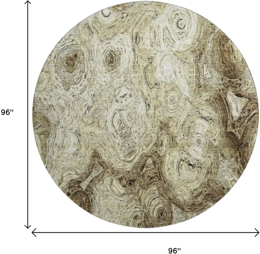 8' Beige And Brown Abstract Washable Round Rug With UV Protection Photo 8