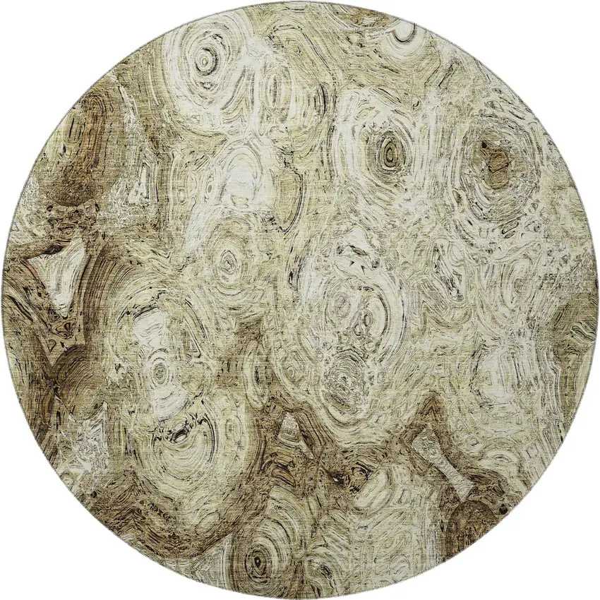 8' Beige And Brown Abstract Washable Round Rug With UV Protection Photo 2