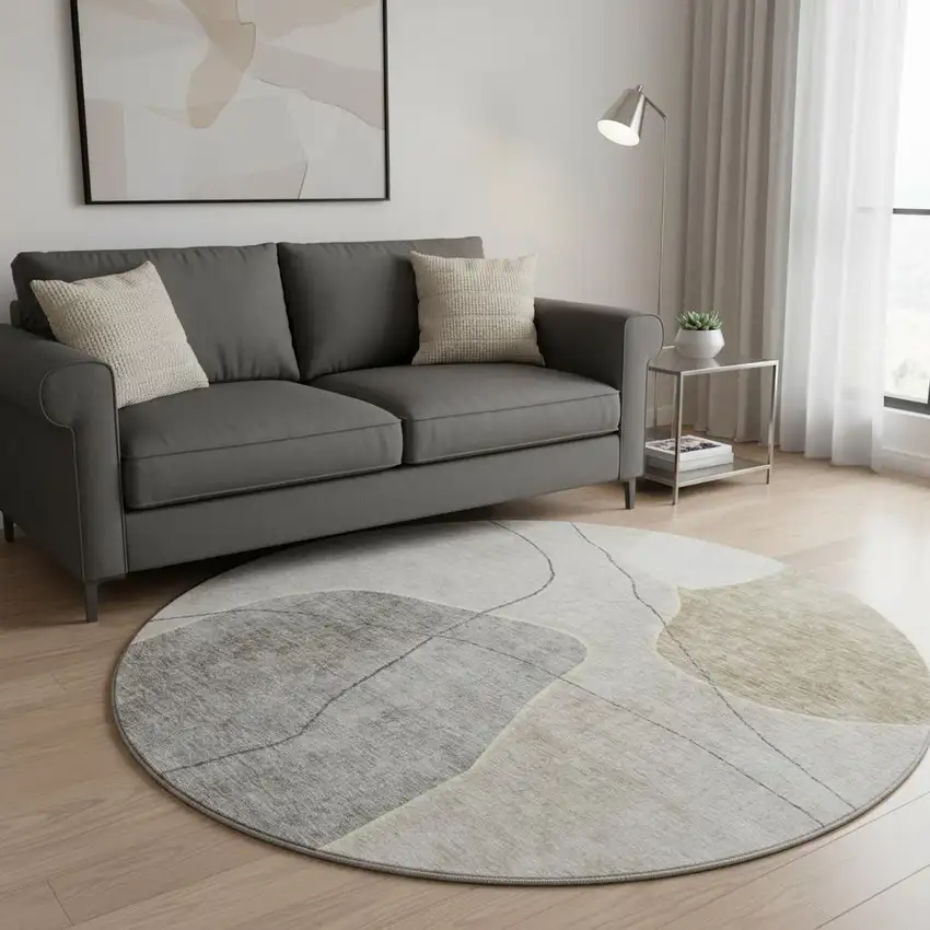 8' Beige And Brown Abstract Washable Round Rug With UV Protection Photo 2