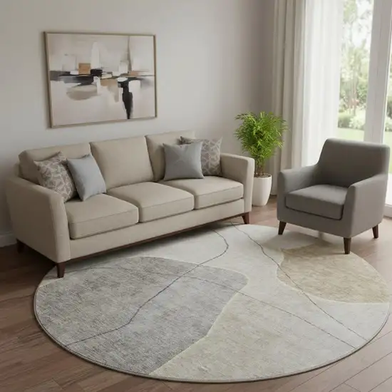 8' Beige And Brown Abstract Washable Round Rug With UV Protection Photo 1