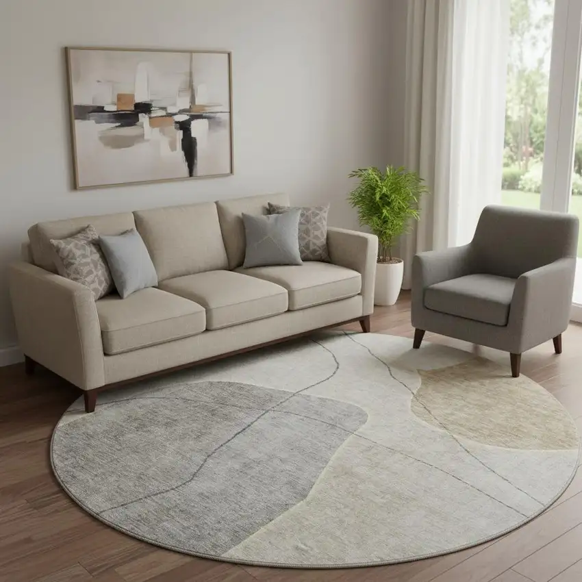 8' Beige And Brown Abstract Washable Round Rug With UV Protection Photo 1