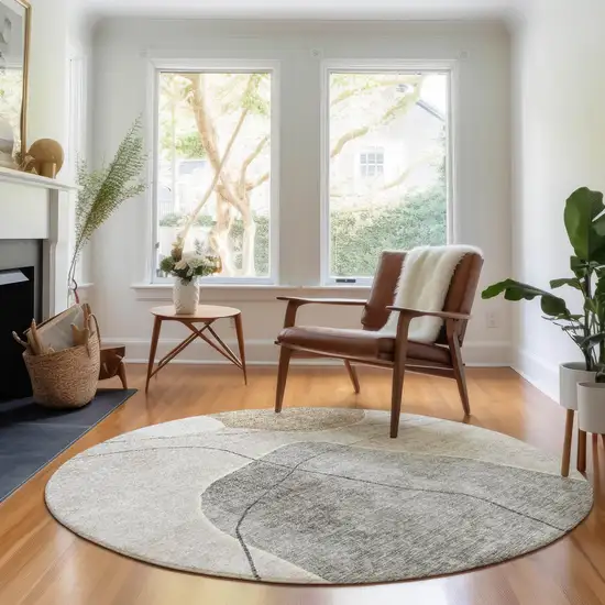 8' Beige And Brown Abstract Washable Round Rug With UV Protection Photo 4