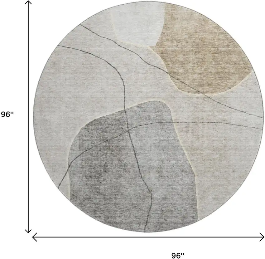 8' Beige And Brown Abstract Washable Round Rug With UV Protection Photo 9