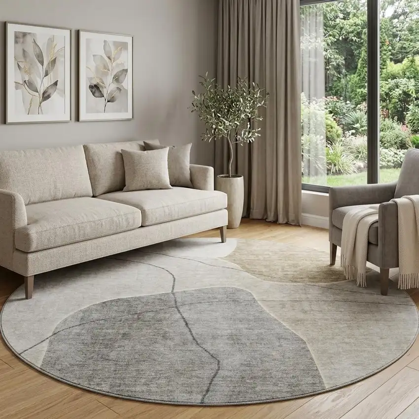 8' Beige And Brown Abstract Washable Round Rug With UV Protection Photo 1