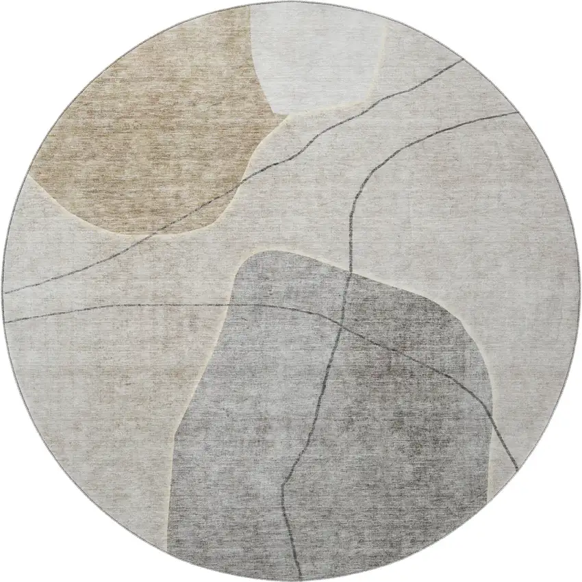 8' Beige And Brown Abstract Washable Round Rug With UV Protection Photo 3