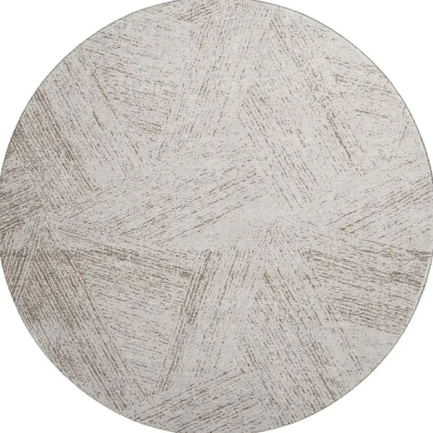 8' Beige And Brown Abstract Washable Round Rug With UV Protection Photo 2