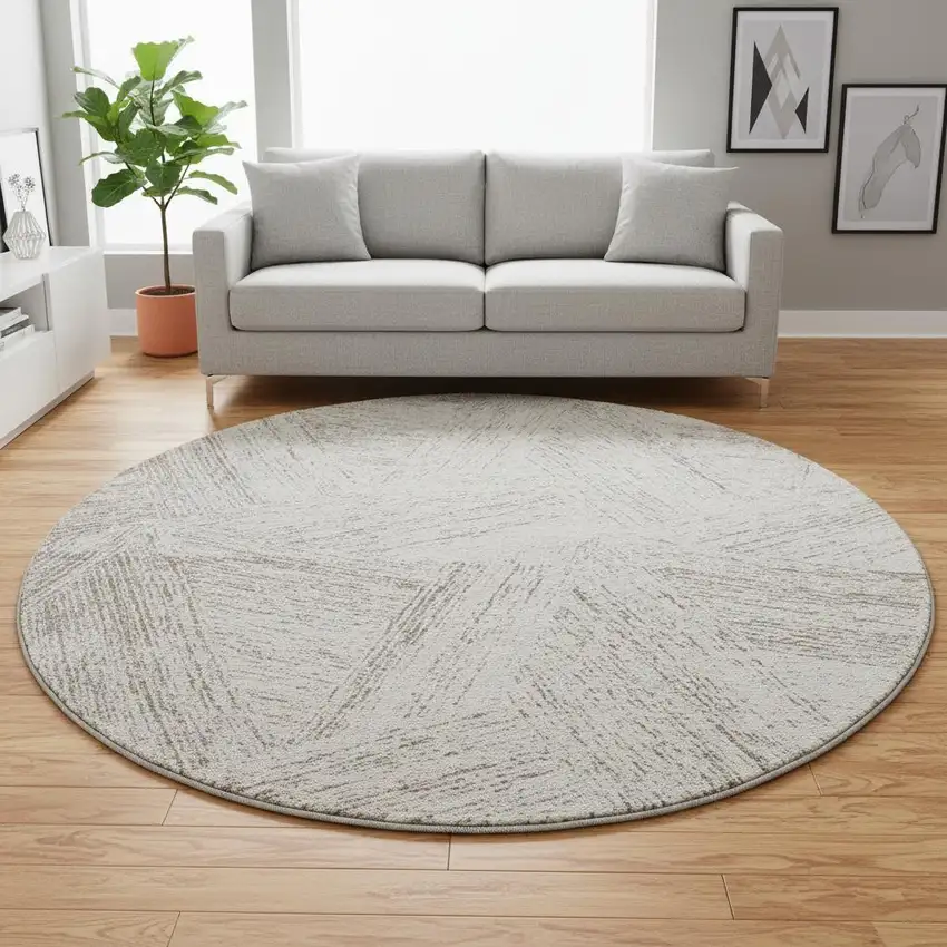 8' Beige And Brown Abstract Washable Round Rug With UV Protection Photo 2