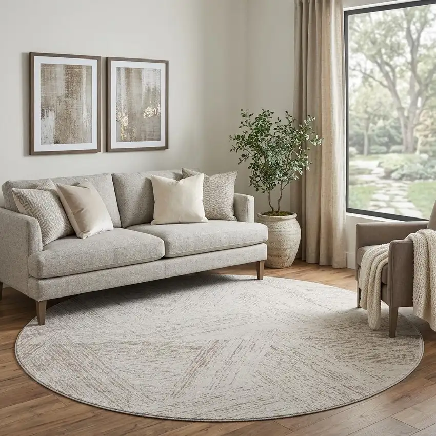 8' Beige And Brown Abstract Washable Round Rug With UV Protection Photo 1