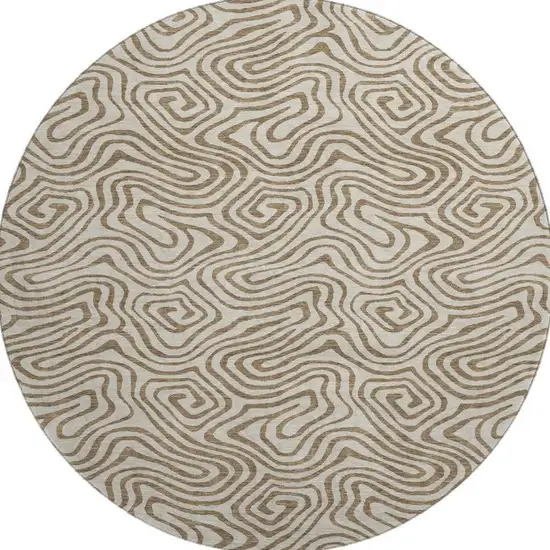 8' Beige And Brown Abstract Washable Round Rug With UV Protection Photo 3