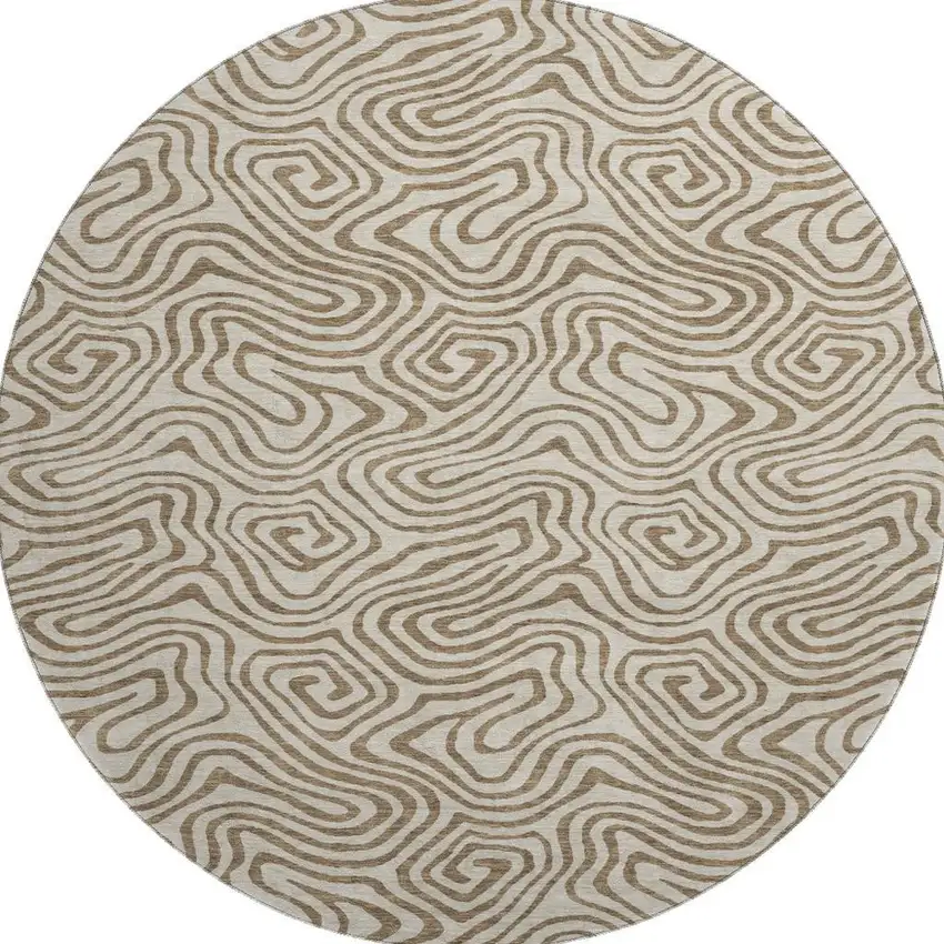 8' Beige And Brown Abstract Washable Round Rug With UV Protection Photo 3
