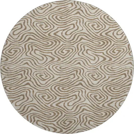 8' Beige And Brown Abstract Washable Round Rug With UV Protection Photo 1