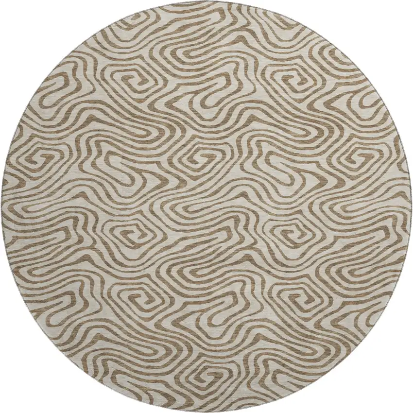 8' Beige And Brown Abstract Washable Round Rug With UV Protection Photo 1