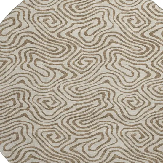 8' Beige And Brown Abstract Washable Round Rug With UV Protection Photo 2
