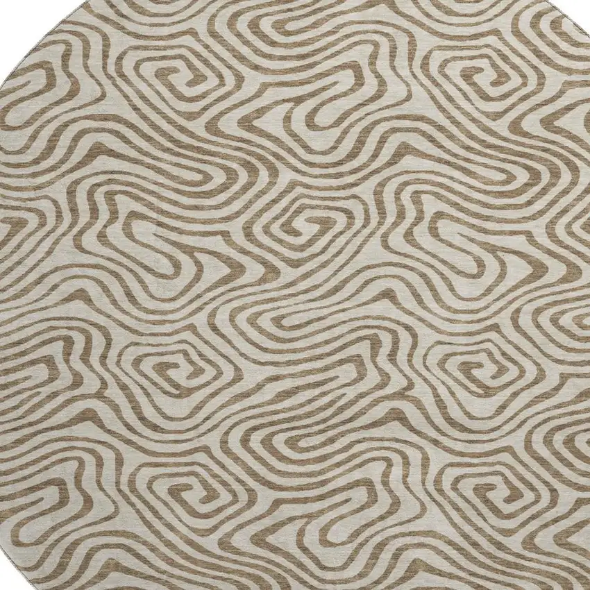 8' Beige And Brown Abstract Washable Round Rug With UV Protection Photo 2