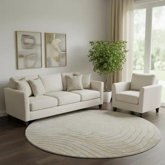 8' Beige And Brown Abstract Washable Round Rug With UV Protection Photo 2