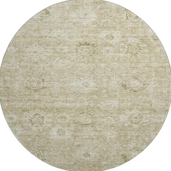 8' Beige And Brown Damask Washable Round Rug With UV Protection Photo 3