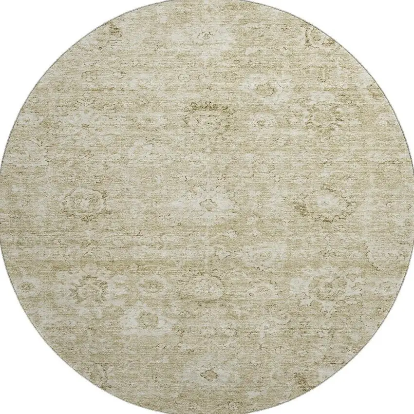 8' Beige And Brown Damask Washable Round Rug With UV Protection Photo 3