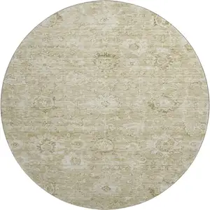 Photo of 8' Beige And Brown Damask Washable Round Rug With UV Protection