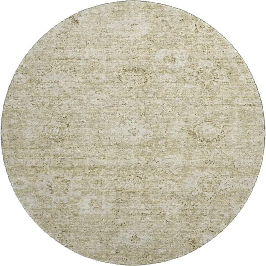 8' Beige And Brown Damask Washable Round Rug With UV Protection Photo 1