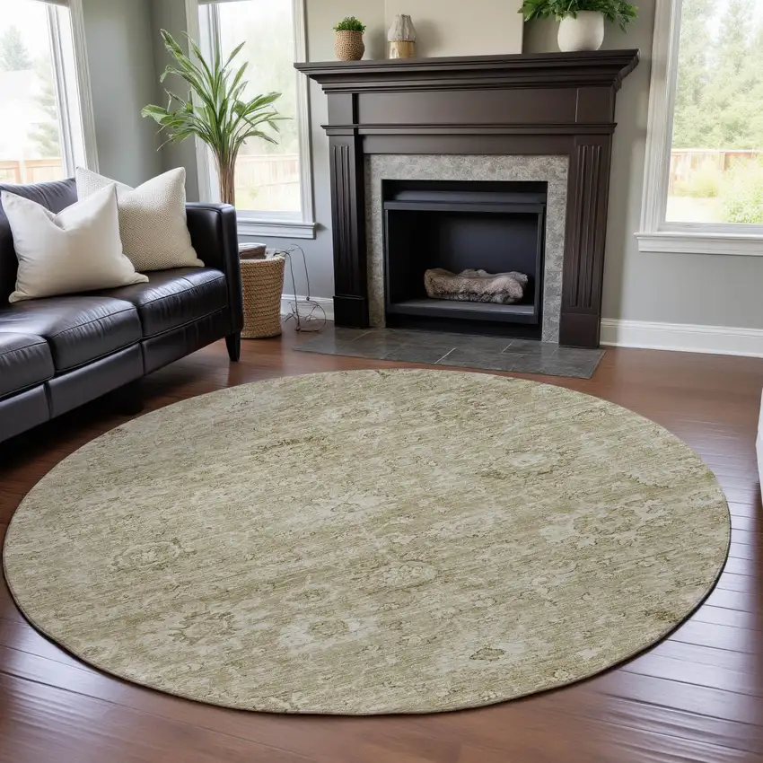 8' Beige And Brown Damask Washable Round Rug With UV Protection Photo 4