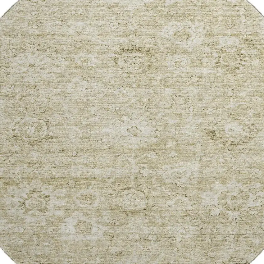 8' Beige And Brown Damask Washable Round Rug With UV Protection Photo 2